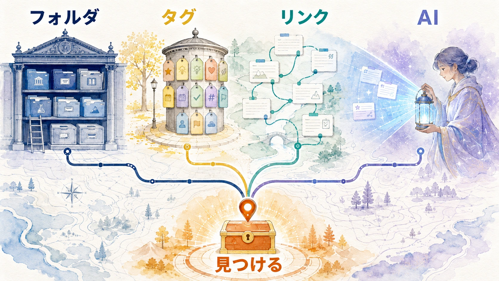 Vaultから情報を探す方法を、管理場所を決めるフォルダ、条件で絞るタグ、関係を示すリンク、目的から候補を探すAIという四層に分けた図