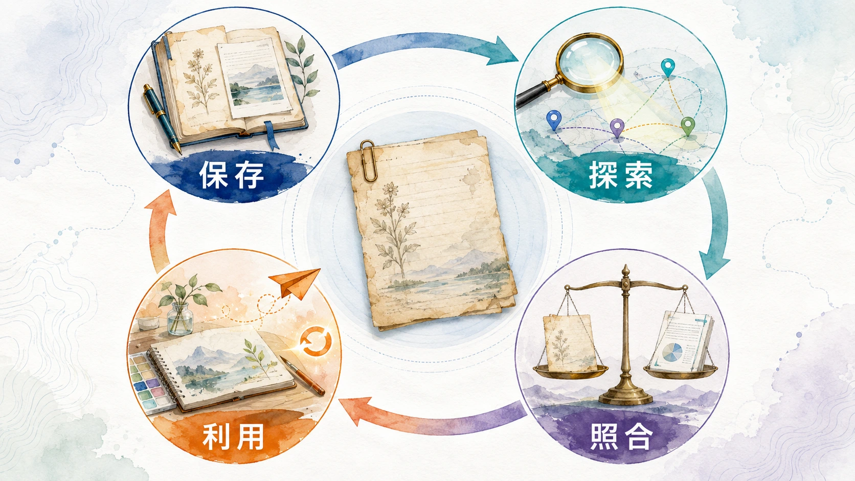 保存した情報を時点資料として残し、リンク・検索・AIで探索し、現在情報と照合してから利用する鮮度管理の循環を示す図