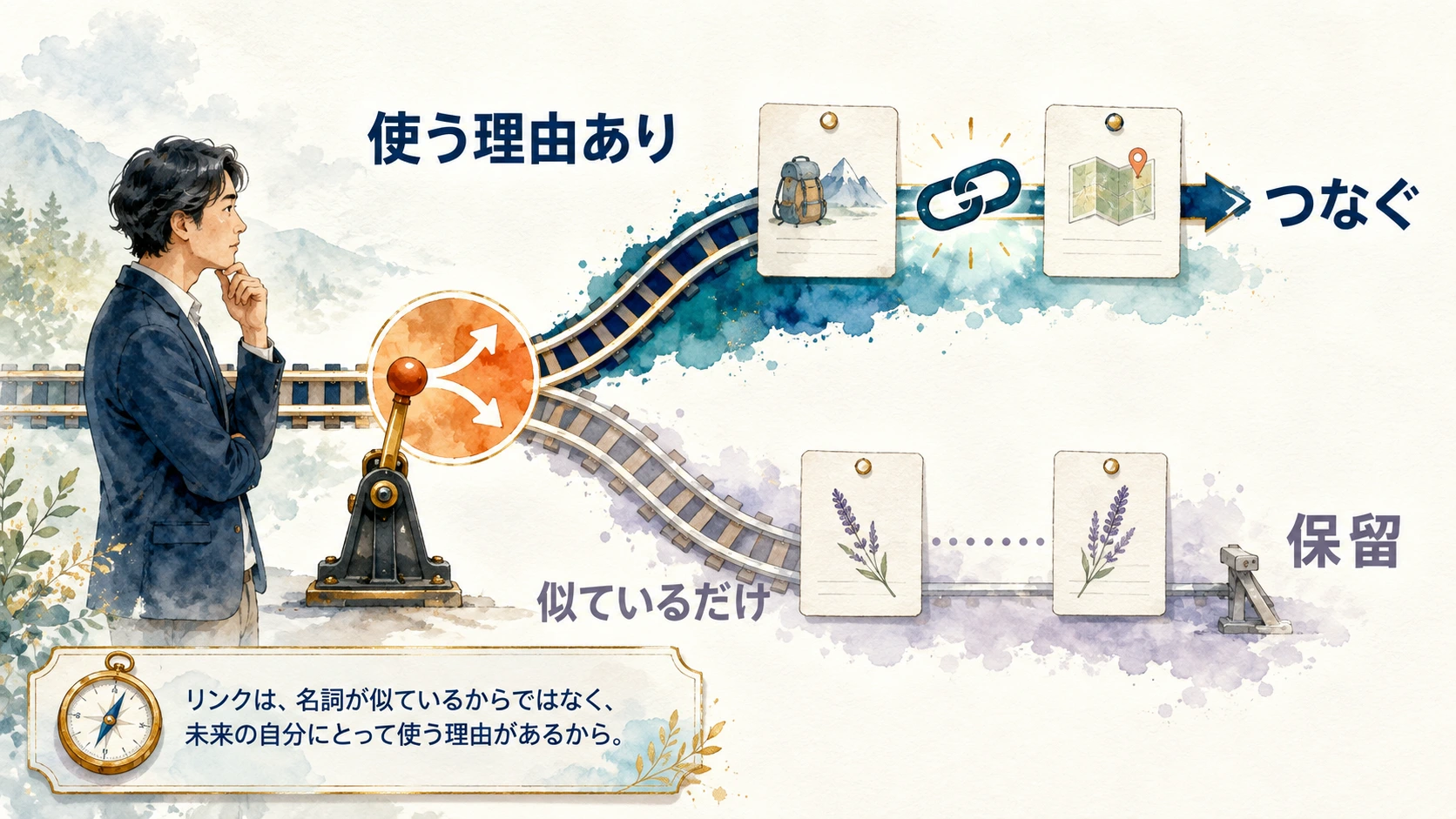 二つのノートの関係を動詞で説明できるかを問い、説明できればリンクし、似ているだけなら保留する判断分岐を示す図