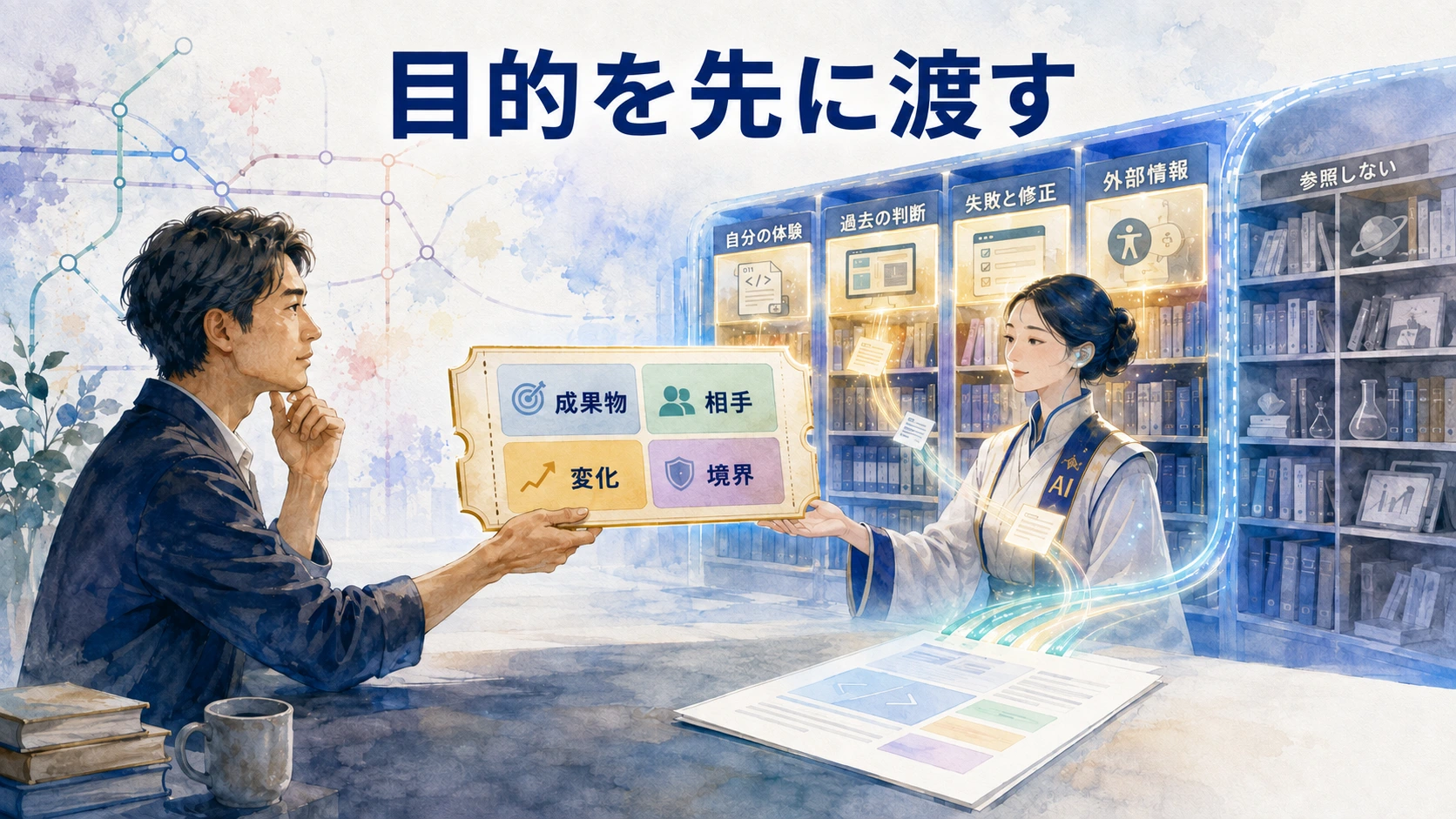 AIへ検索語だけを渡すのではなく、成果物、相手、起こしたい変化、参照境界を先に伝えて必要な材料を選ばせる依頼構造を示す図