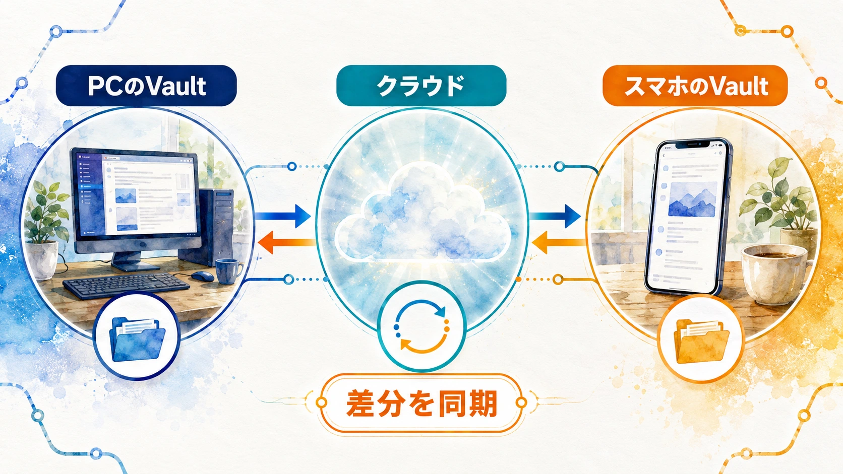 PCとスマートフォンそれぞれのローカルVaultを、Remotely Saveとクラウド中継が双方向に結び、各端末のObsidianで編集する仕組みを示す図