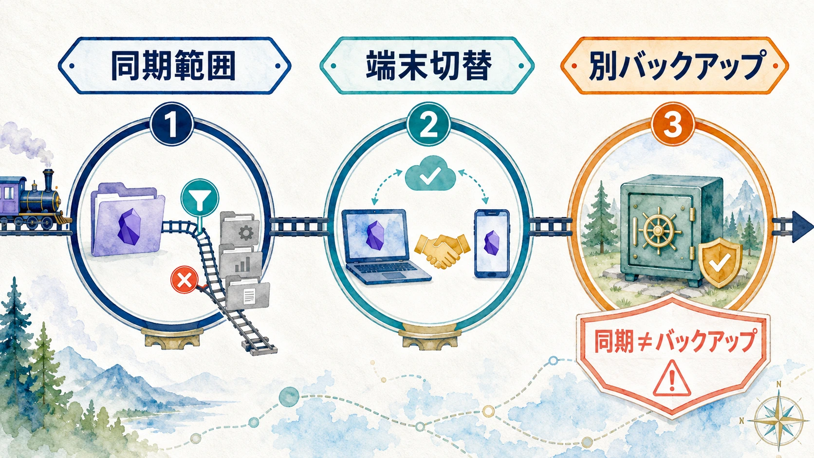 Remotely Saveを安全に使うため、同期範囲を絞る、同期完了後に端末を切り替える、復旧コピーを別系統に置くという三つの確認点を示す図