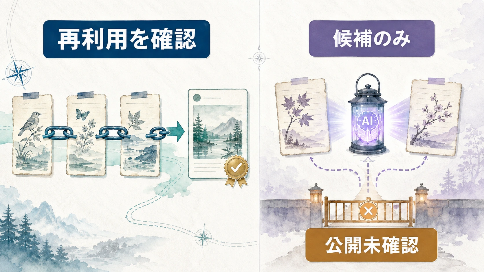 22日後に投稿案へ再利用されたが公開は未確認の事例と、108日離れた情報が関連候補として抽出された段階に留まり採用も公開も未確認の事例を対比した図